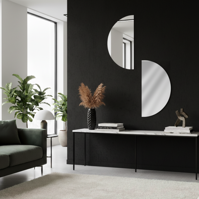 Association de deux miroirs demi-lunes – effet cercle design