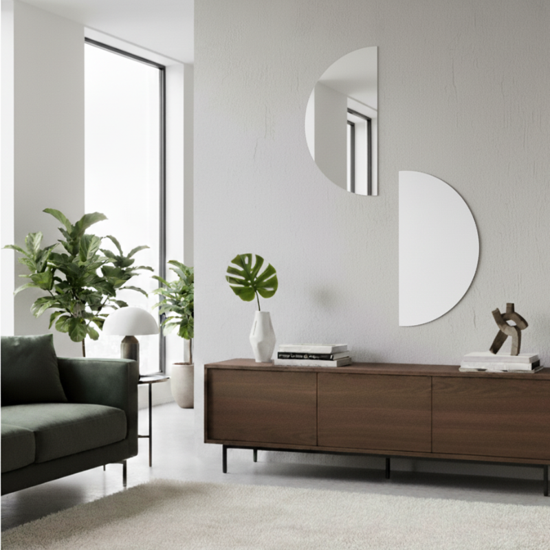 Décoration murale épurée avec miroir demi-lune acrylique